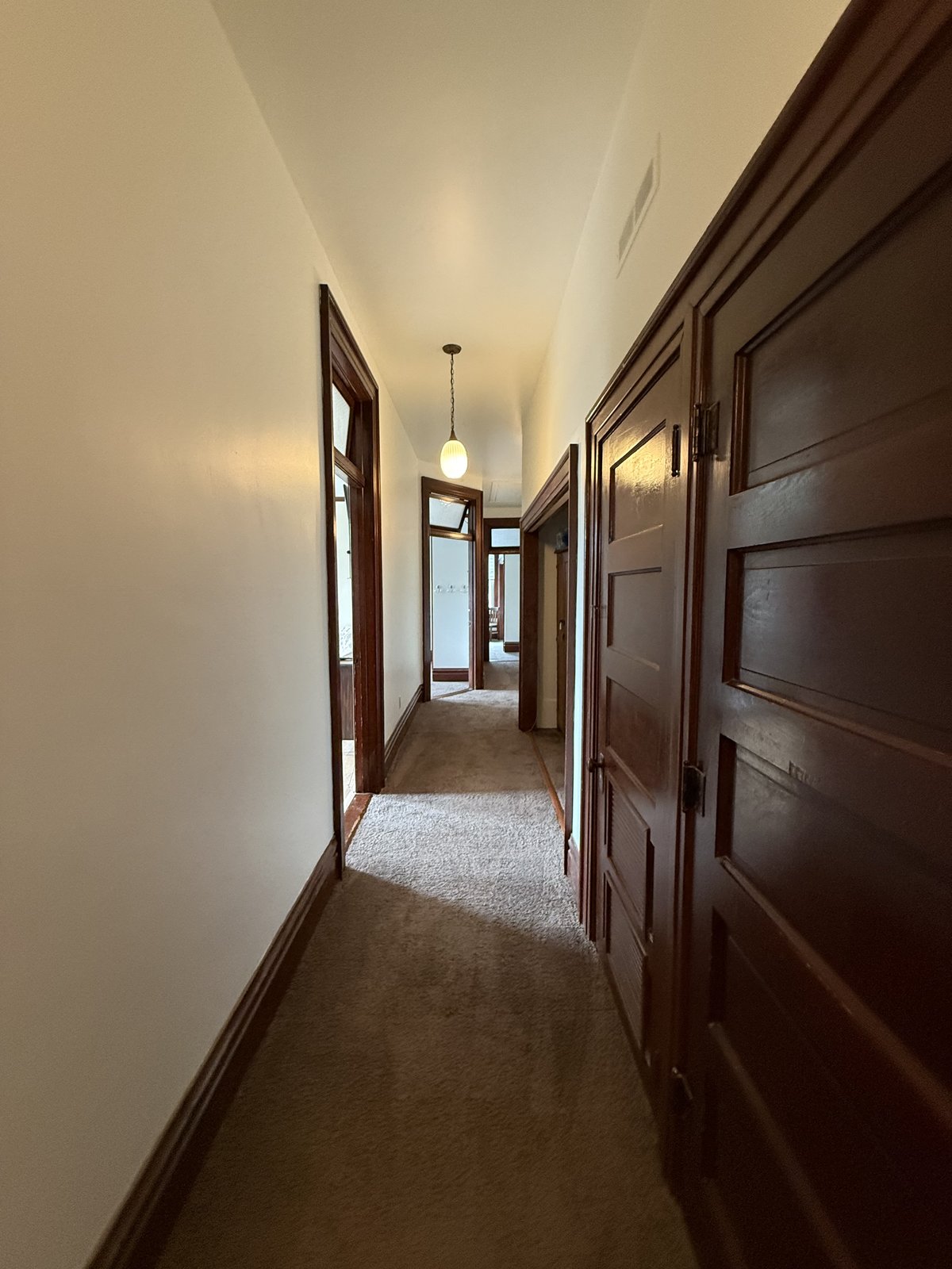Hallway — original dark wood doors and pendant light